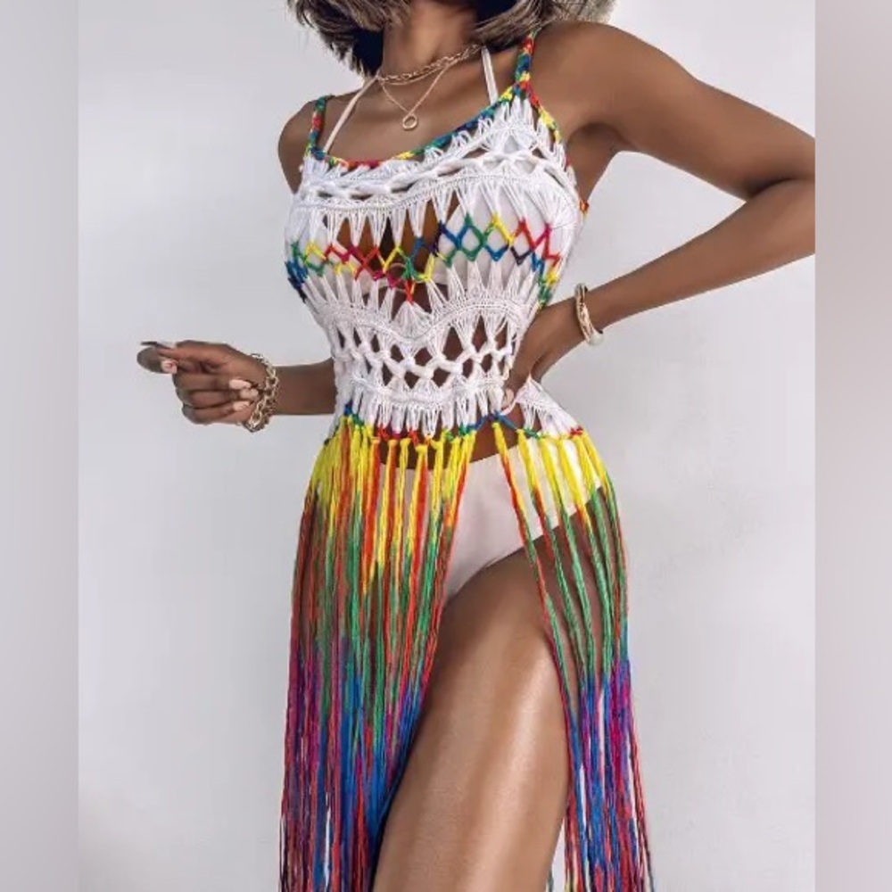 NIP White Multicolor Crochet Fringe Top Size S